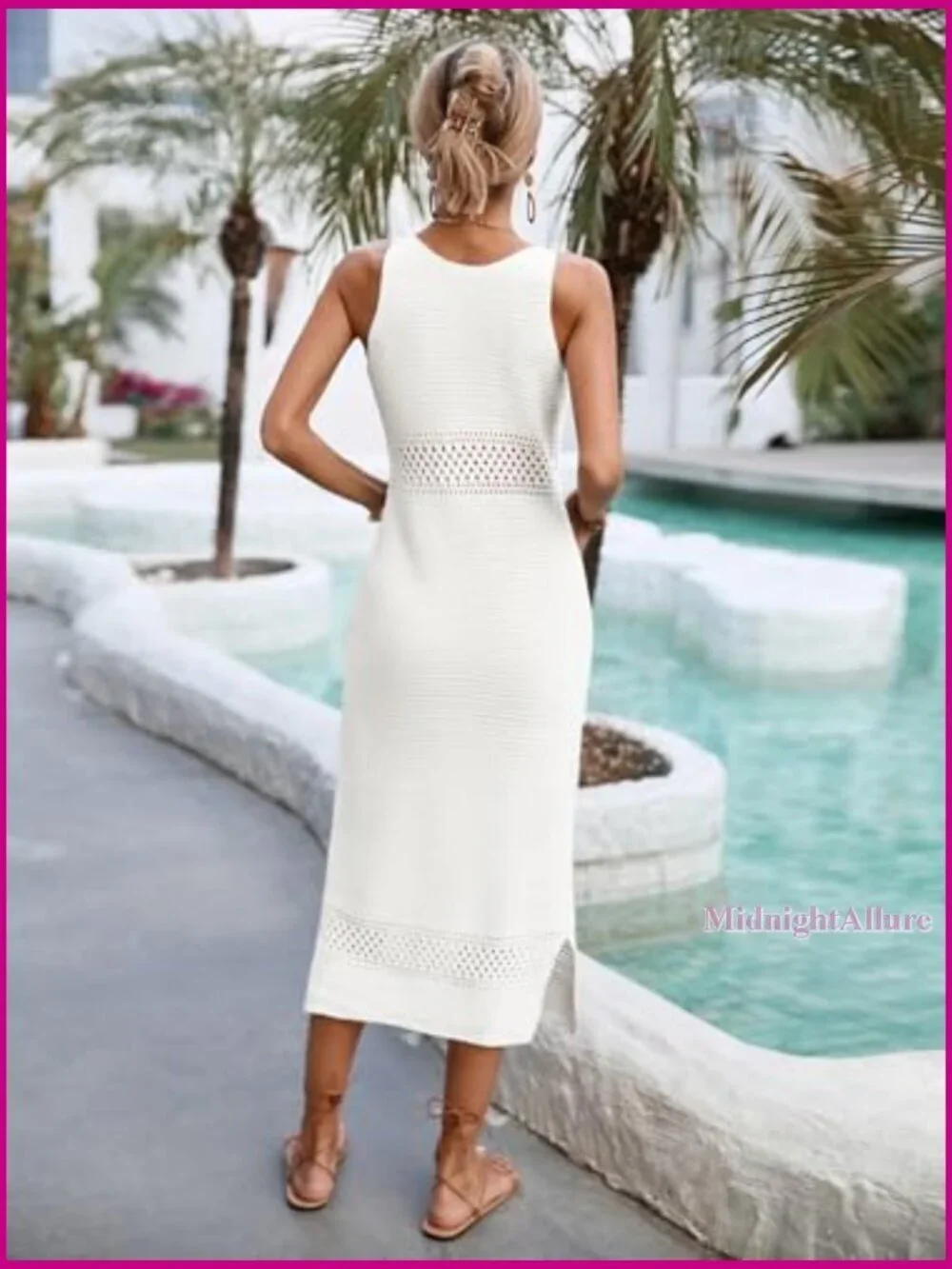 Crochet Mesh Midi Cover Up Sleeveless U Neck Swimwear Beach Dress